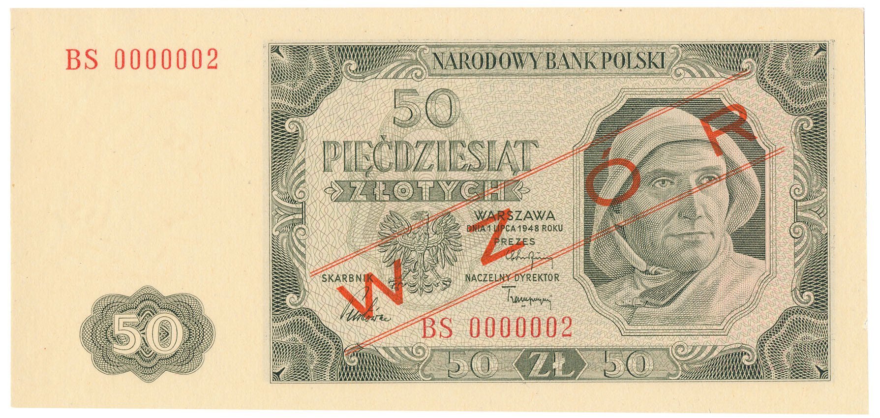 Banknot. WZÓR 50 złotych 1948 seria BS